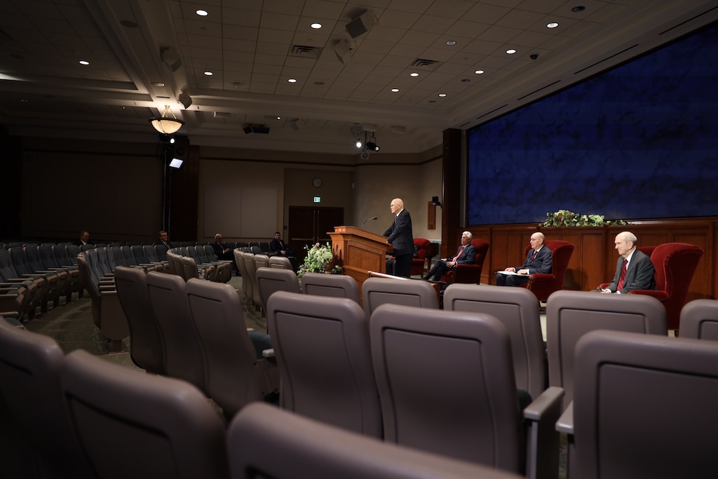 (Photo courtesy of The Church of Jesus Christ of Latter-day Saints) President Dallin H. Oaks speaks during the Sunday afternoon session of General Conference on April 5, 2020. The fall conference will be virtual only as well.