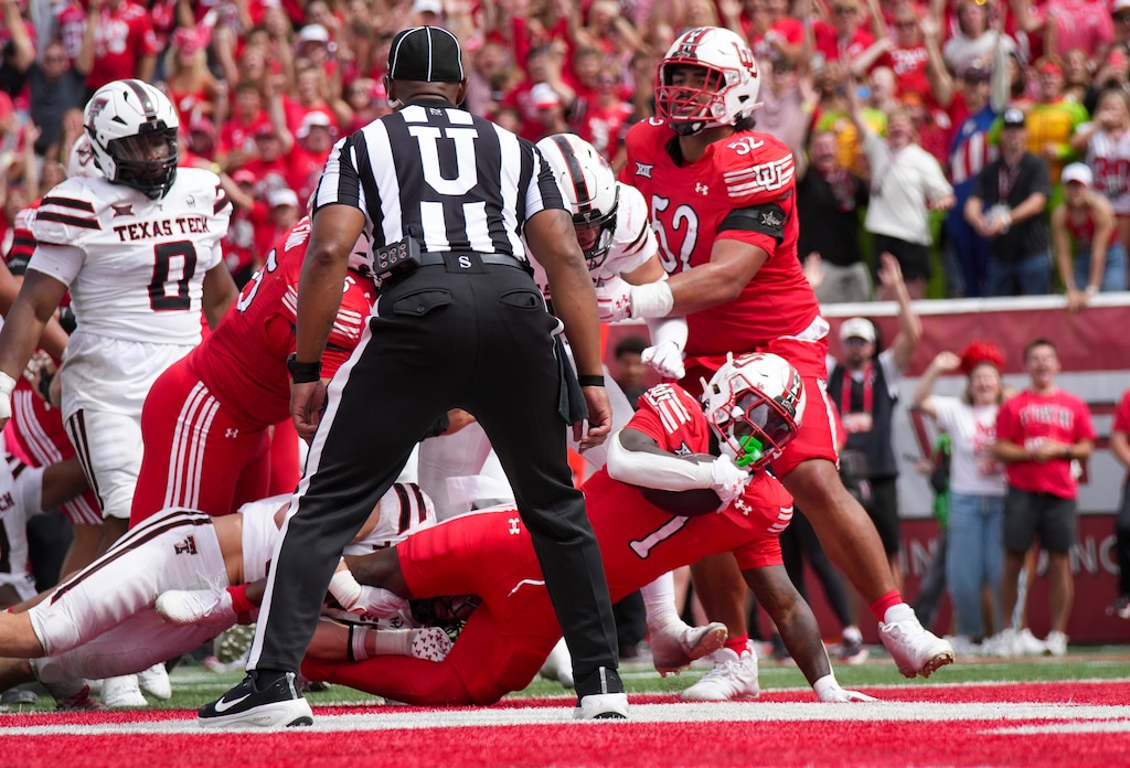 (Bethany Baker  |  The Salt Lake Tribune) Utah Utes running back Wayshawn Parker (1) scores a touchdown against the Texas Tech Red Raiders during the game in Salt Lake City on Saturday, Sept. 20, 2025.