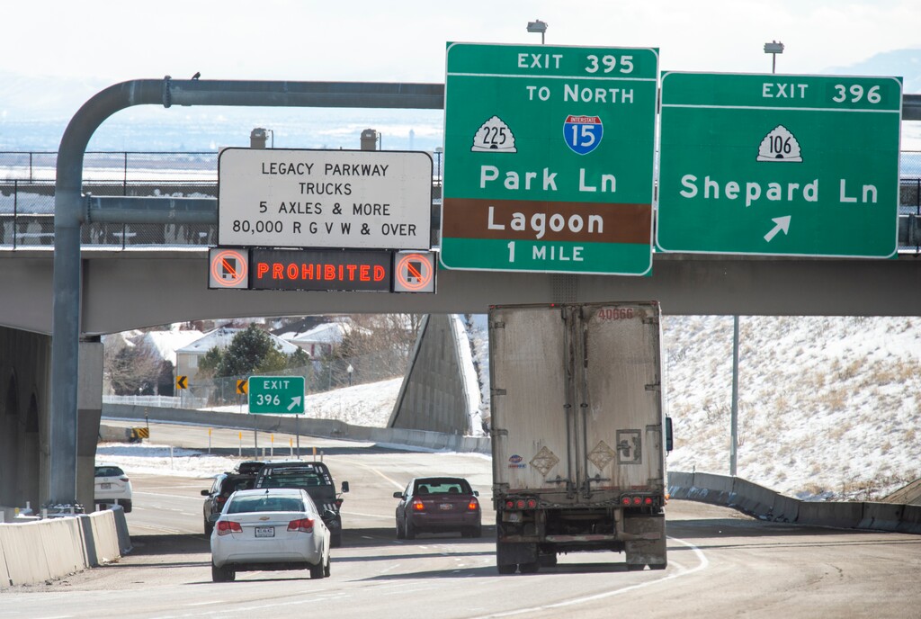(Rick Egan  |  Tribune file photo)  Big trucks stay to the right, on highway 89, to merge onto I-15, because of the ban on big-rig trucks on the Legacy Parkway.  Thursday, Feb. 7, 2019.