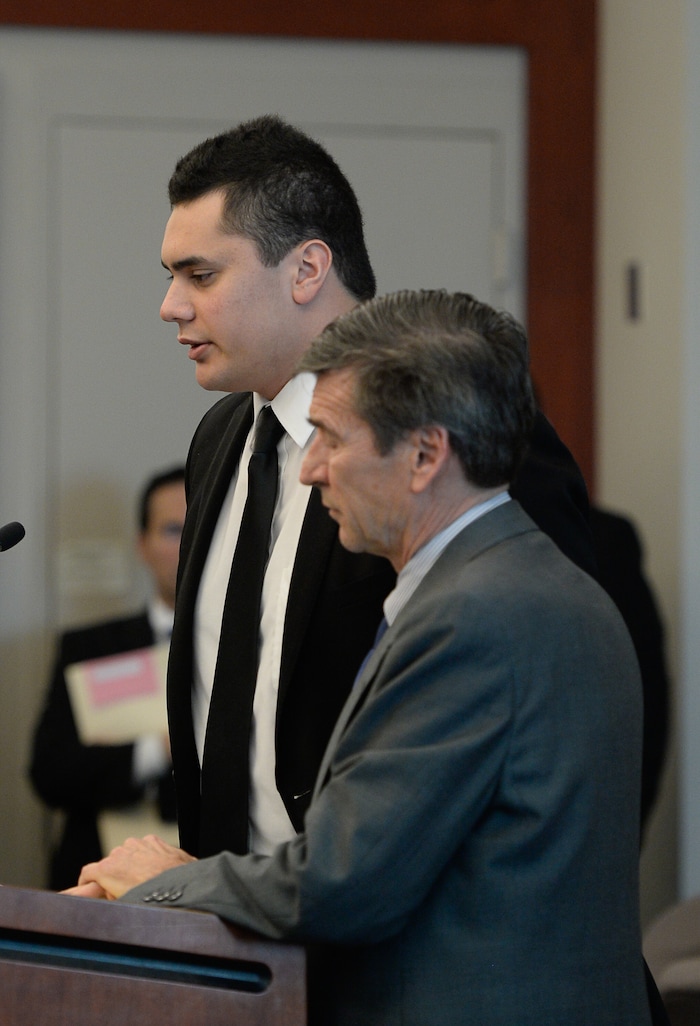 (Francisco Kjolseth  |  The Salt Lake Tribune)  Former Brighton High and University of Southern California linebacker Osa Masina speaks before the judge alongside his defense attorney Greg Skordas at the Matheson Courthouse in Salt Lake City on Tuesday, Dec. 5, 2017. Masina was sentenced to 365 days in jail, followed by two years on probation for sexual battery.