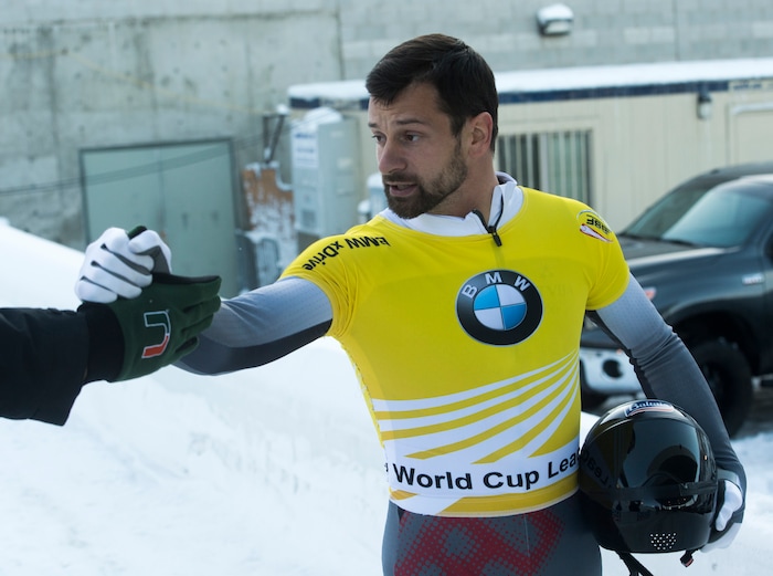(Rick Egan  |  The Salt Lake Tribune)   Martins Dukurs, Latvia, finishes in 2nd place in the BMW IBSF World Cup Men's Skeleton competition, Saturday, November 18, 2017.