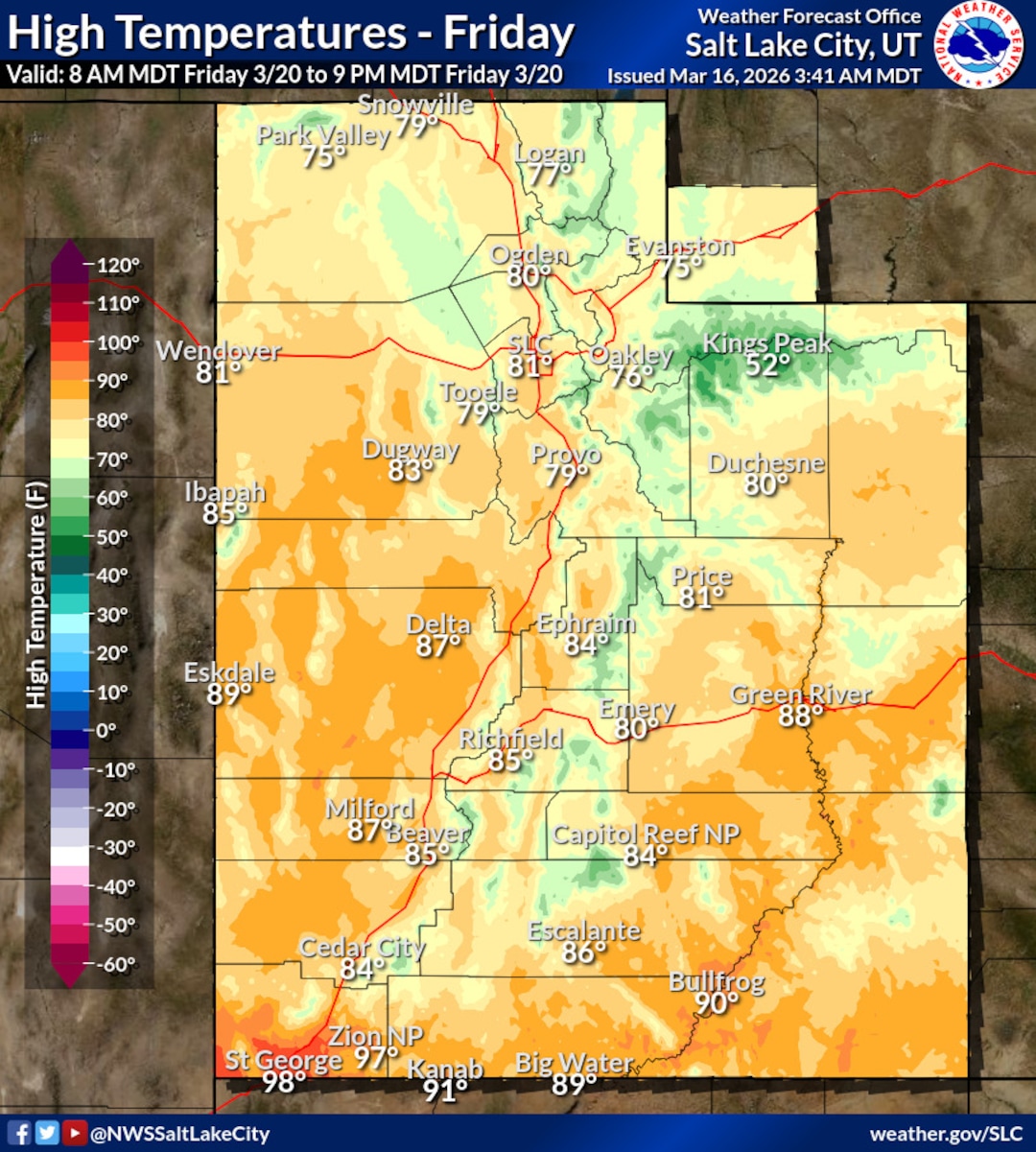 National Weather Service for high temperatures in Utah on March 20, 2026.