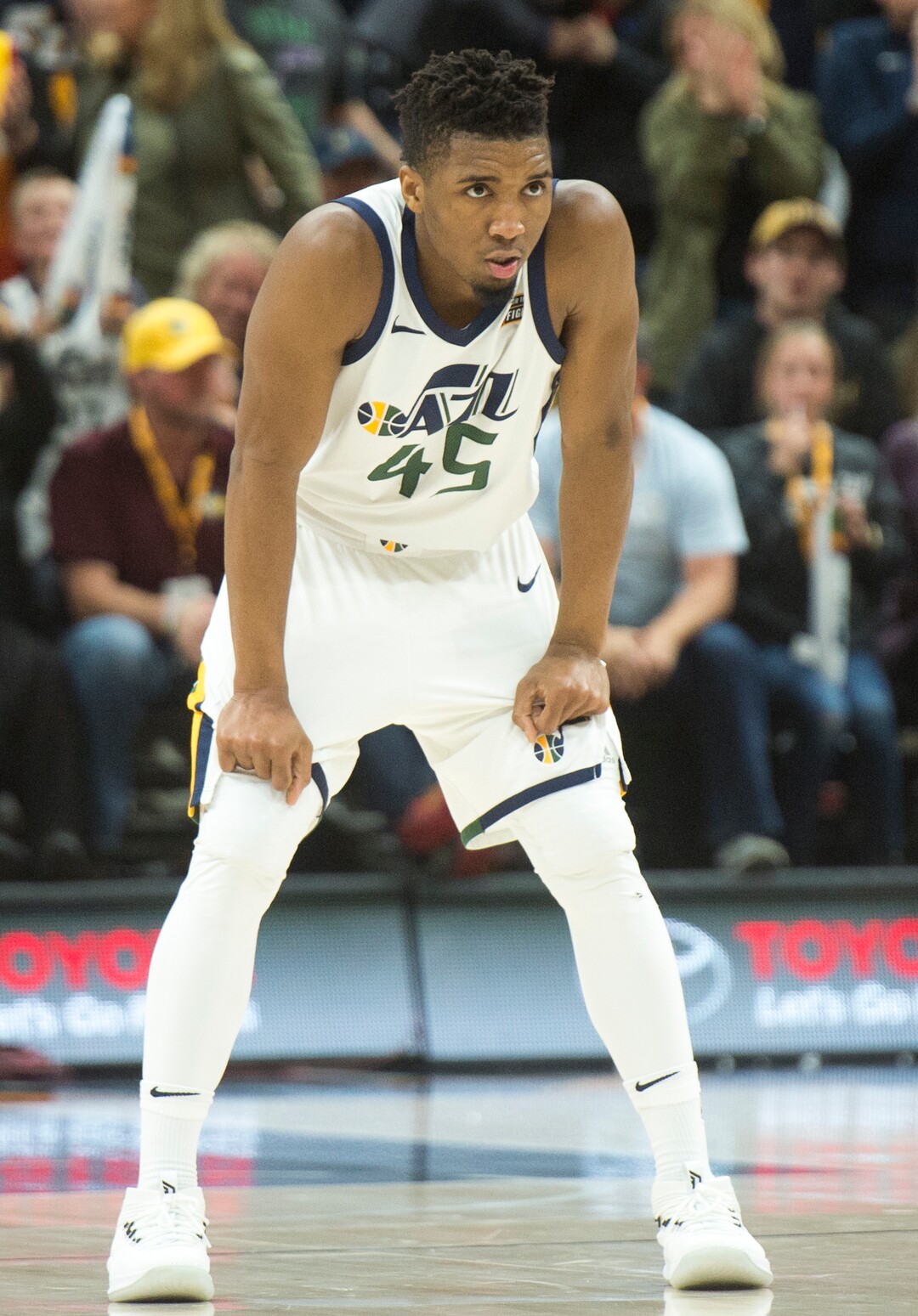 (Rick Egan  |  The Salt Lake Tribune)  Utah Jazz guard Donovan Mitchell (45) waits for the next play after tying the game 87 -87 with a 3-point play in NBA action, Utah Jazz vs San Antonio Spurs, in Salt Lake City, Monday, February 12, 2018.