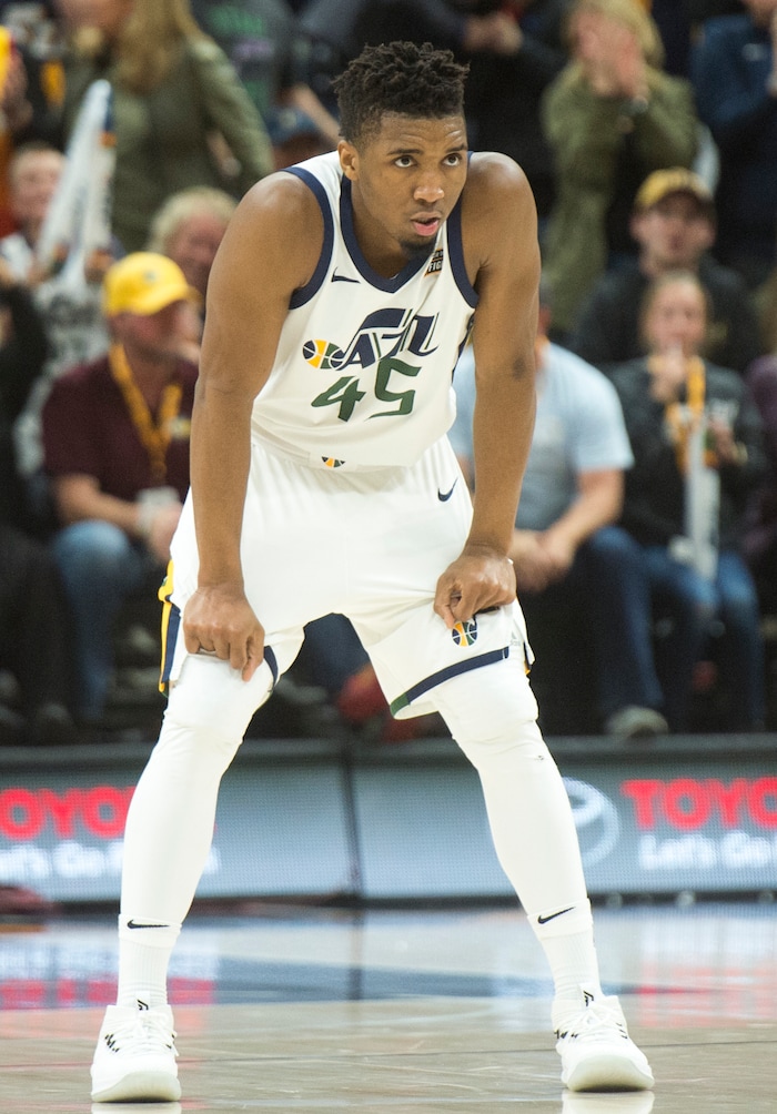 (Rick Egan  |  The Salt Lake Tribune)  Utah Jazz guard Donovan Mitchell (45) waits for the next play after tying the game 87 -87 with a 3-point play in NBA action, Utah Jazz vs San Antonio Spurs, in Salt Lake City, Monday, February 12, 2018.
