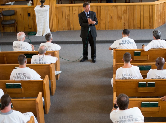 (Rick Egan  |  The Salt Lake Tribune)  Rep. Chris Stewart speaks to inmates at the Utah State Prison, Wednesday, August 23, 2017.



