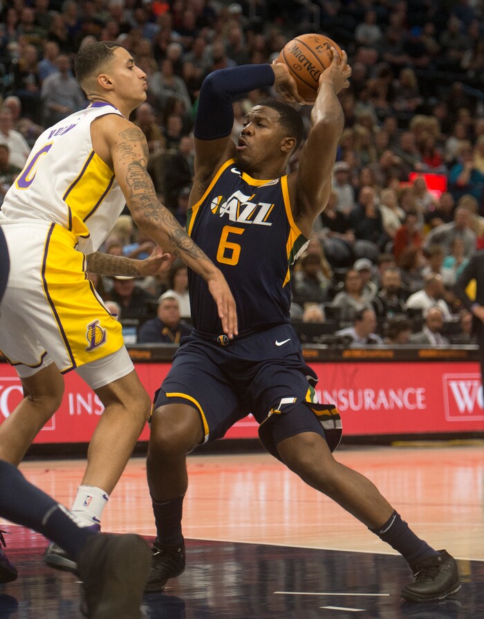 (Rick Egan  |  The Salt Lake Tribune)  Utah Jazz guard Joe Johnson (6) goes against Los Angeles Lakers forward Kyle Kuzma (0) in NBA action, Utah Jazz vs. Los Angeles Lakers, in Salt Lake City, Saturday, October 28, 2017.