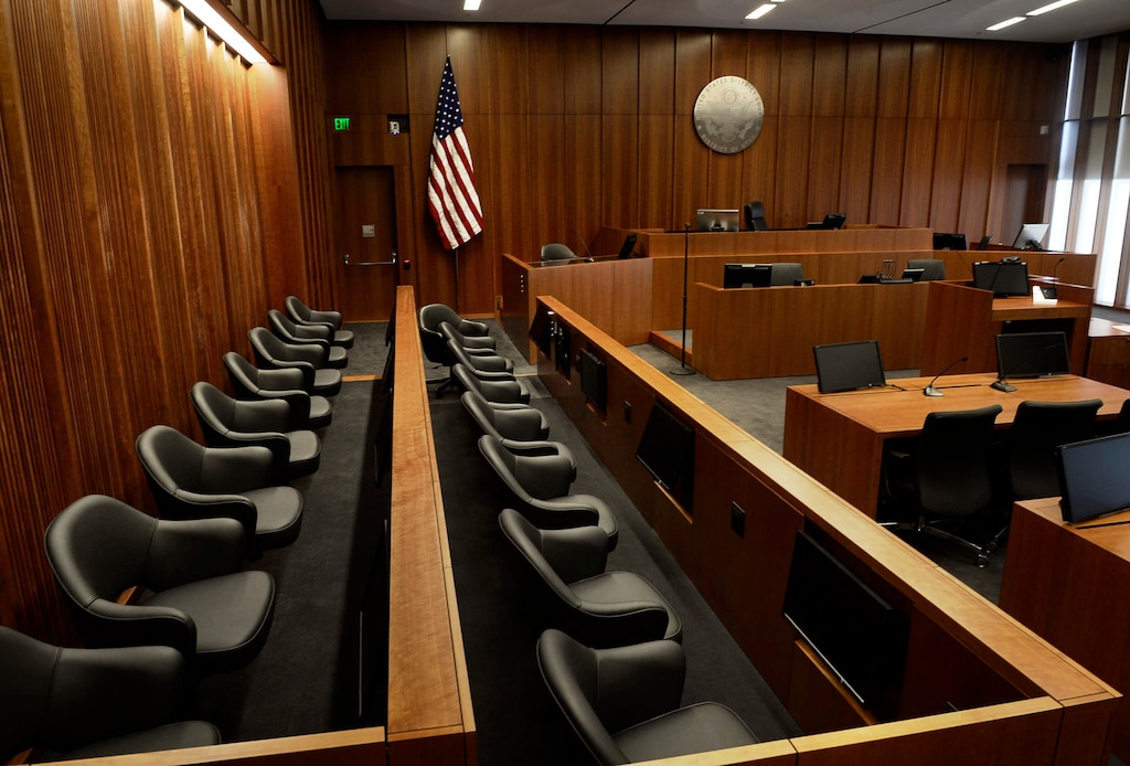 (Scott Sommerdorf   | Tribune file photo)
Looking past the jury box, a view of one of the courtrooms inside Utah's federal courthouse, during a media tour on Wednesday, April 9, 2014.