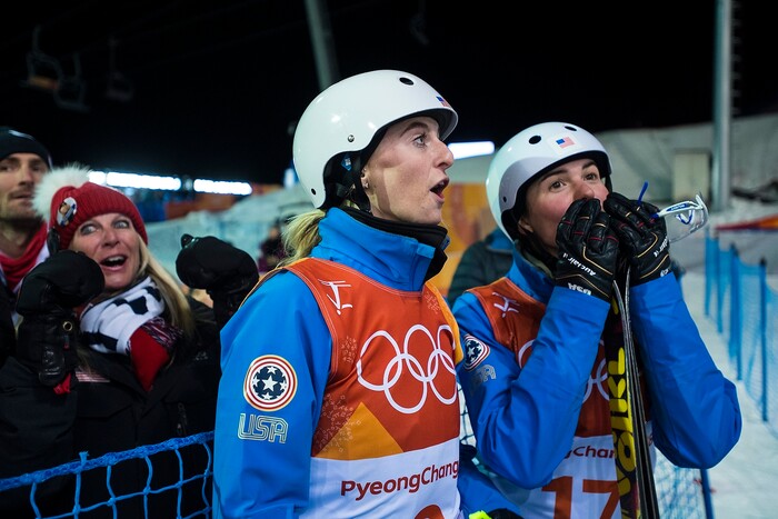 (Chris Detrick  |  The Salt Lake Tribune)  USA's Kiley McKinnon, left, and USA's Madison Olsen react after learning they both qualified for the finals during the Ladies' Aerials Qualification at Phoenix Park during the Pyeongchang 2018 Winter Olympics Thursday, Feb. 15, 2018.  