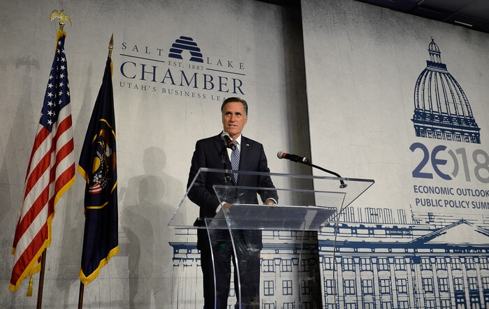 (Francisco Kjolseth  |  The Salt Lake Tribune)  Mitt Romney speaks at the Utah Economic Outlook & Policy Summit 2018, hosted by the Salt Lake Chamber at the Salt Lake City Marriott Downtown at City Creek on Tuesday, Jan. 16, 2018. 