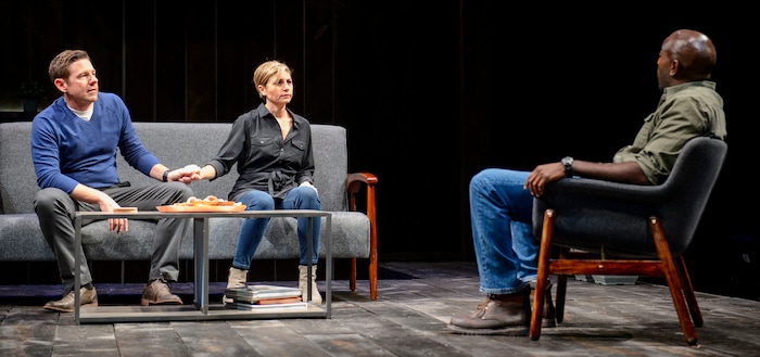 (Steve Griffin  |  The Salt Lake Tribune)  Tessa Auberjonois, as Jodie, Brian Vaughn, as Brad, and Corey Jones as Tate, during the last preview rehearsal of Neil LaBute's "How to Fight Loneliness," making its world premiere at the Utah Shakespeare Festival's Anes Theater on the SUU campus in Cedar City.