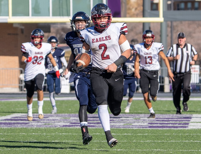 (Rick Egan | The Salt Lake Tribune) Layton Christian Academy running back  Jessaia Giatras-Moala runs for an 83-yard touchdown for the Eagles, in 1A Football Championship action between the Duchesne Eagles and the Layton Christian Academy Eagles, at the Elizabeth Dee Shaw Stewart Stadium in Ogden, on Saturday, Nov. 13, 2021.