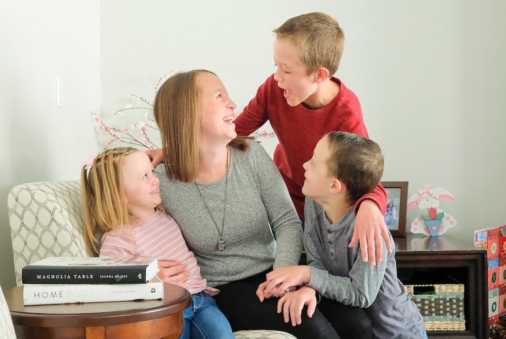 (Leah Hogsten | The Salt Lake Tribune) l-r The Sweeten children Emily, 5, Kaden, 10 and Jackson, 8, laughing with their mother Tristen, will participate in Moderna's upcoming clinical trials for the COVID-19 vaccine, to determine their safety and efficacy for children as young as 6 months.
