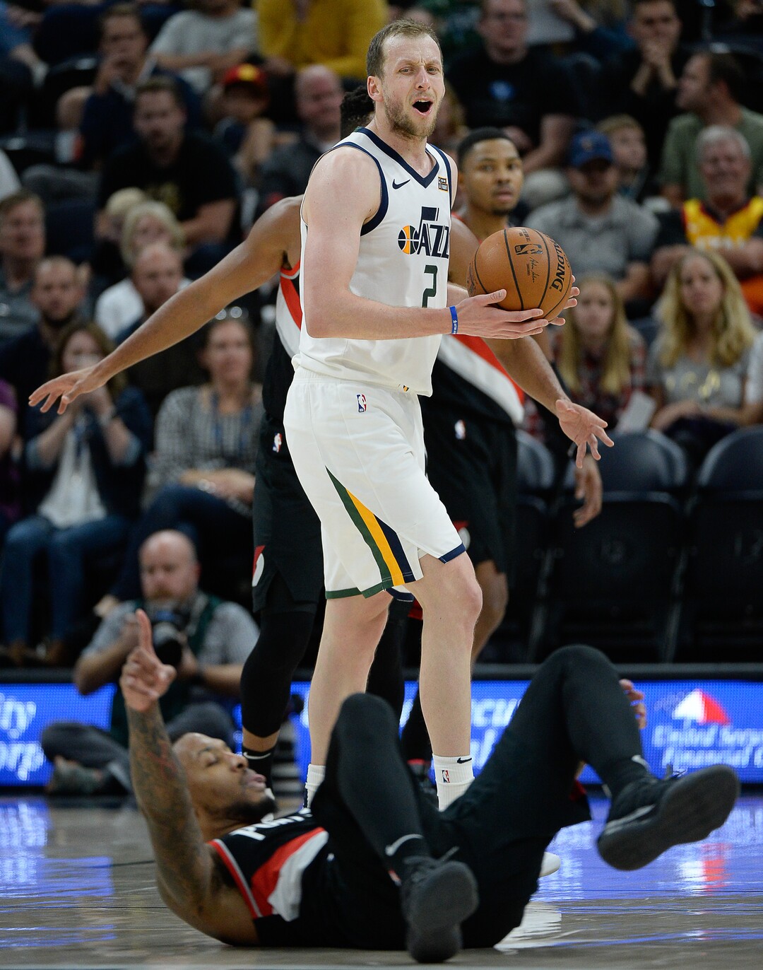 (Francisco Kjolseth  |  The Salt Lake Tribune)  Utah Jazz forward Joe Ingles (2) argues a call as the Utah Jazz host the Portland Trailblazers in their NBA basketball game at Vivint Smart Home Arena in Salt Lake City on Wed. Oct. 16, 2019.