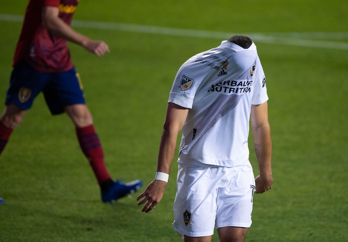 (Francisco Kjolseth  |  The Salt Lake Tribune) Los Angeles Galaxy forward Javier Hernandez (14) pulls his shirt over his head in anguish over a lost chance at a goal as Real Salt Lake hosts L.A. Galaxy at Rio Tinto Stadium in Sandy on Wednesday, Sept. 23, 2020.