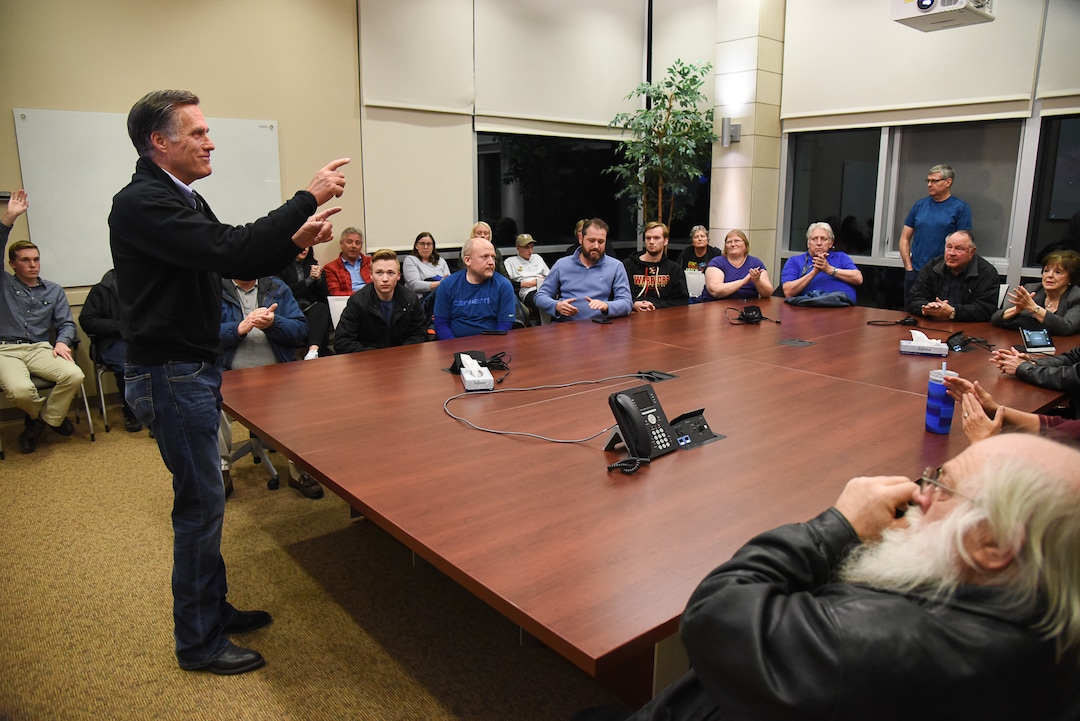 (Francisco Kjolseth  |  The Salt Lake Tribune)  U.S. Senator Mitt Romney visits some of the overflow rooms after holding a town hall meeting at the Davis County administration building, Tuesday, January 22, 2019, to hear from local residents.