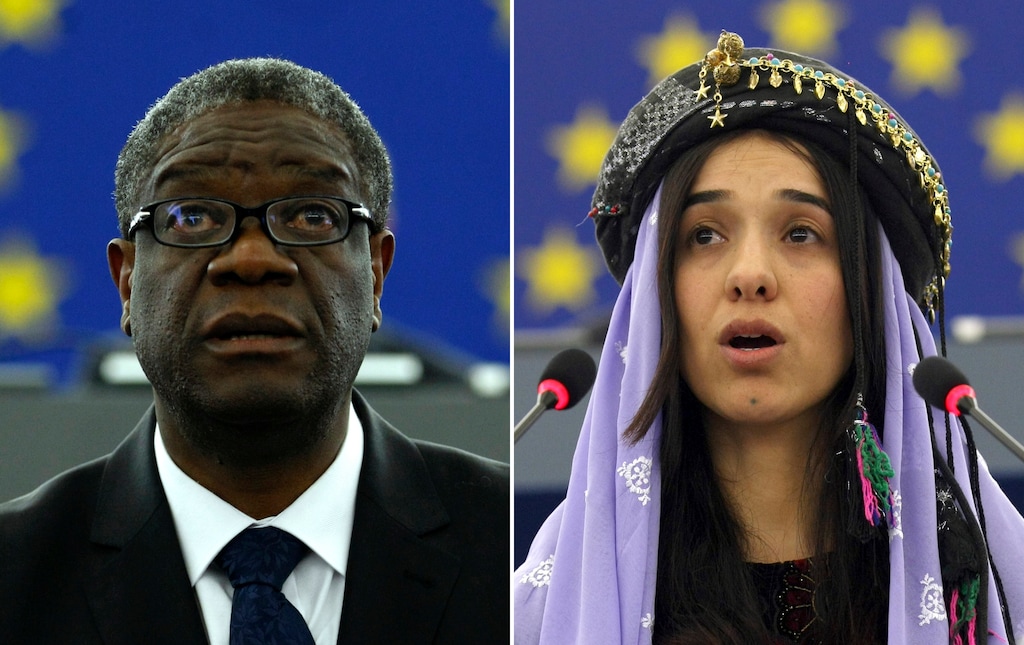 (AP Photos/Christian Lutz, file) The combo of file photos shows Doctor Denis Mukwege, from the Democratic Republic of Congo, left, on Nov. 26, 2014 and Yazidi woman from Iraq, Nadia Murad on Dec. 13, 2016 as they both address the European parliament in Strasbourg, France. The Nobel Peace Prize on Friday, Oct. 5, 2018 was awarded to the Congolese doctor and a Yazidi former captive of the Islamic State group for their work to highlight and eliminate the use of sexual violence as a weapon of war.