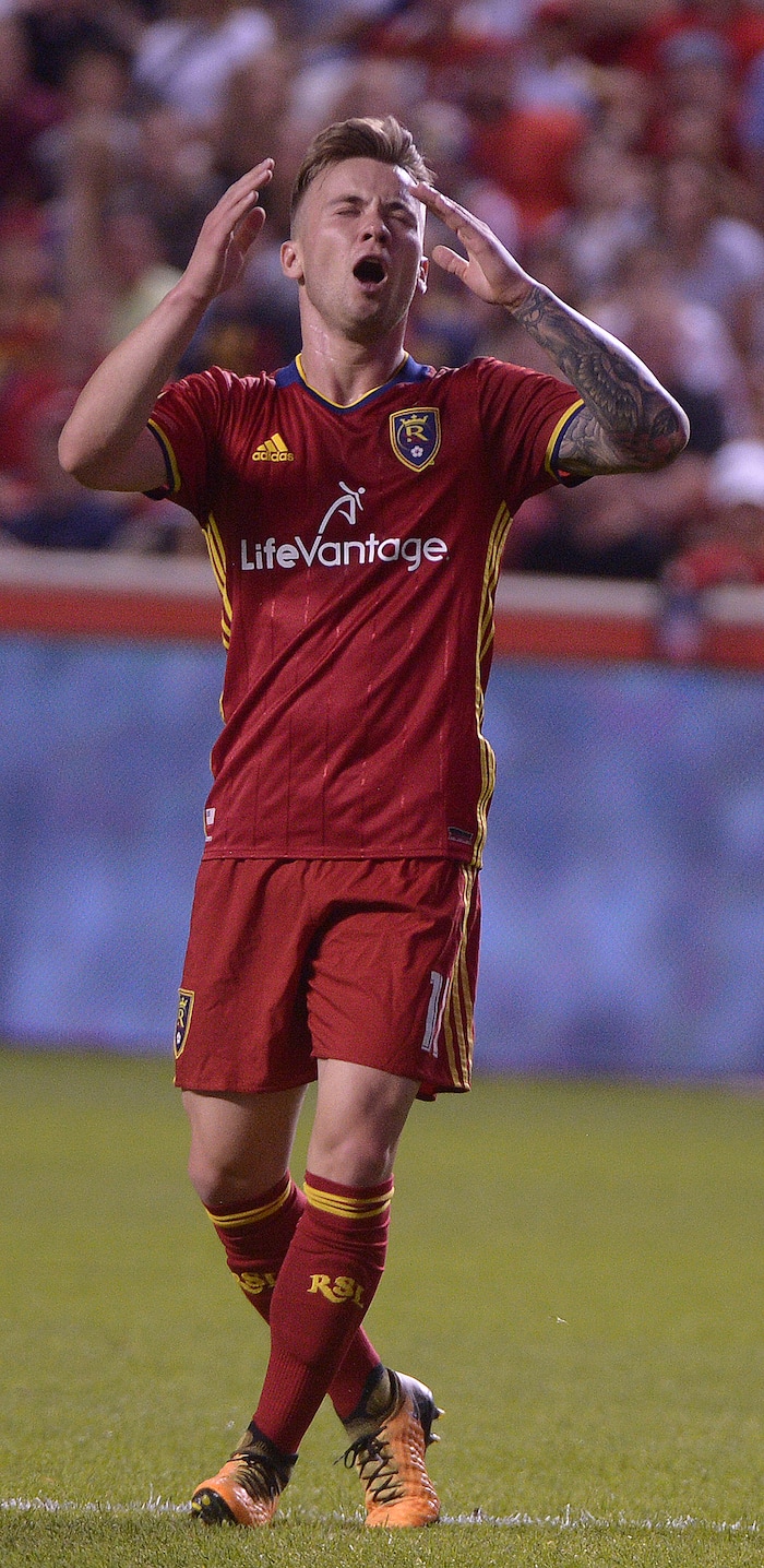 (Leah Hogsten  |  The Salt Lake Tribune) Real Salt Lake midfielder Albert Rusnak (11) laments a missed opportunity.  Real Salt Lake are 2-0 against the Colorado Rapids for the Rocky Mountain Cup at Rio Tinto Stadium, Saturday, August 26, 2017. 