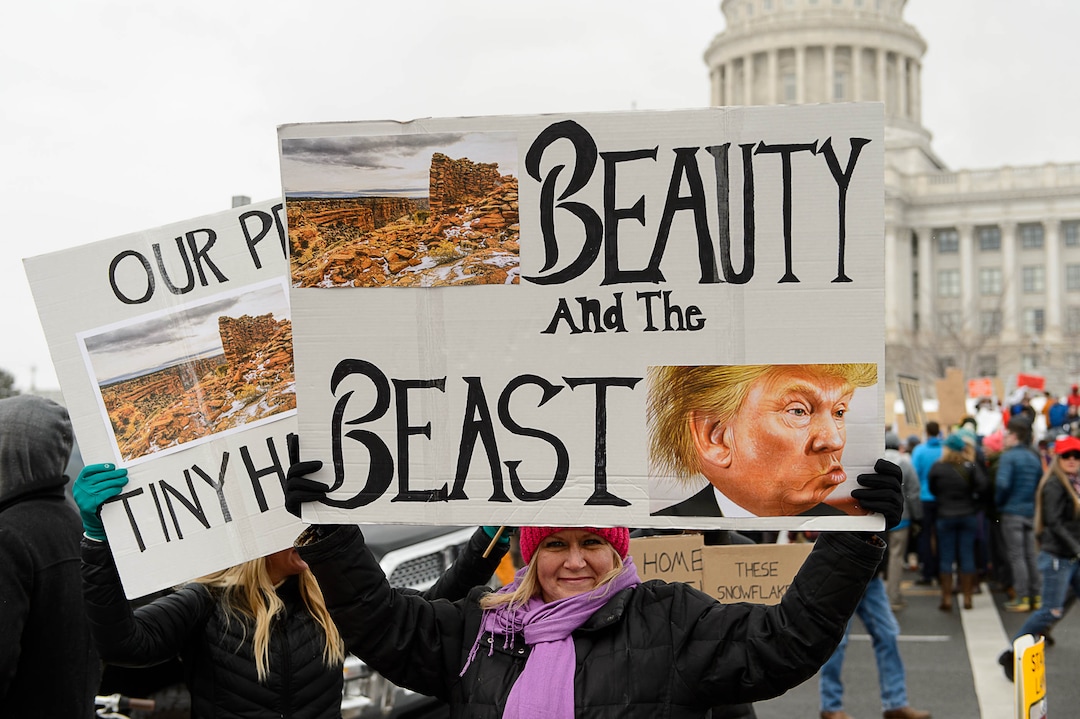 (Trent Nelson | The Salt Lake Tribune)  Protesters rally against a visit by President Donald Trump, Monday December 4, 2017.