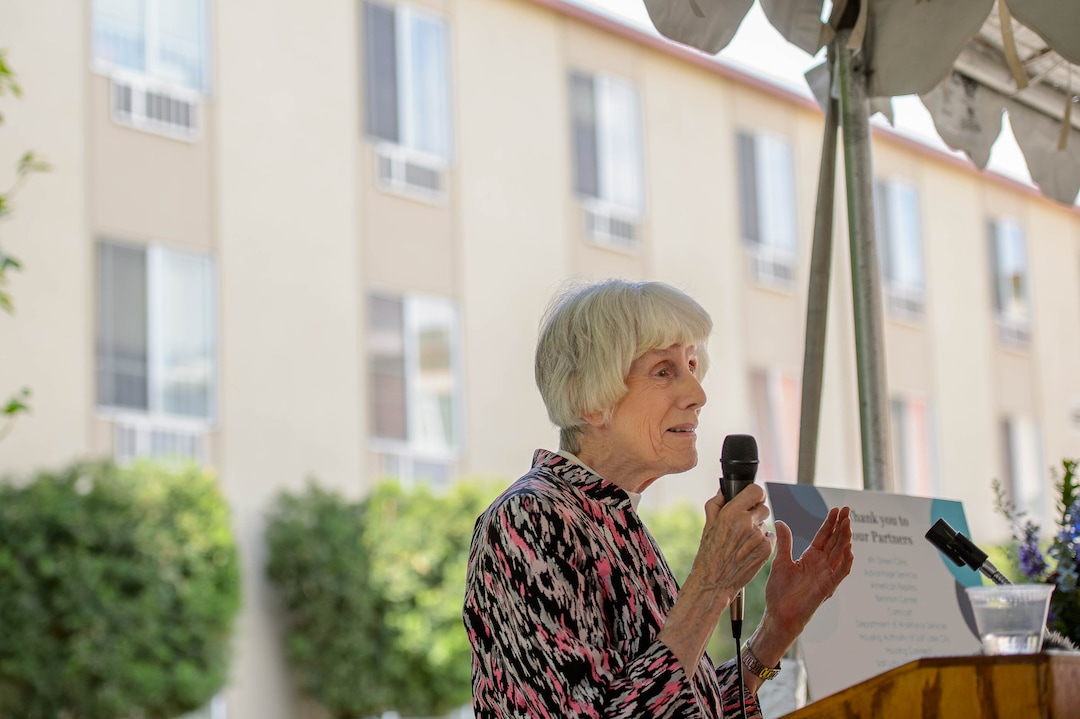(Trent Nelson  |  The Salt Lake Tribune)Pamela Atkinson speaks at the 10 Year Anniversary Celebration at Palmer Court in Salt Lake City on Thursday June 13, 2019.