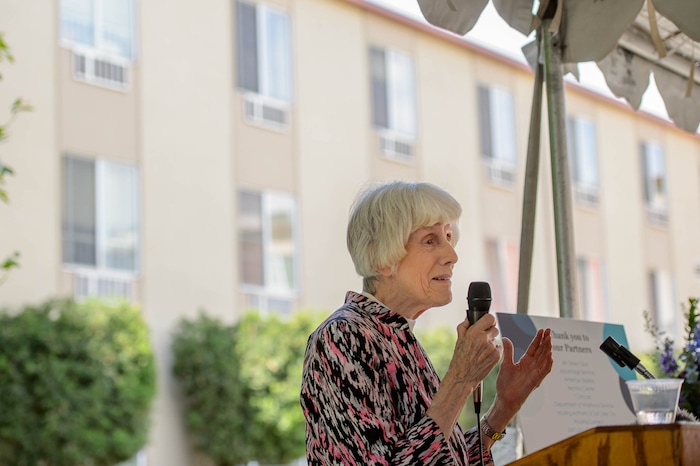 (Trent Nelson  |  The Salt Lake Tribune)
Pamela Atkinson speaks at the 10 Year Anniversary Celebration at Palmer Court in Salt Lake City on Thursday June 13, 2019.