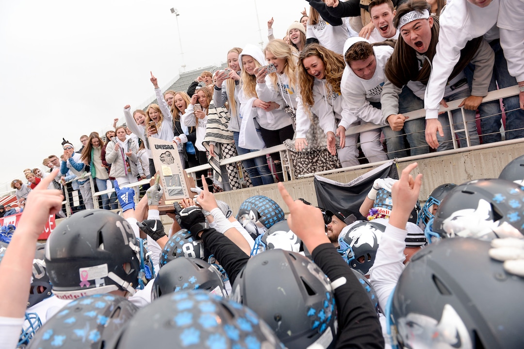 (Leah Hogsten  |  The Salt Lake Tribune) Sky View celebrates the win. Sky View High School defeated Park City 35-0 to win the 4A State Championship football title, Nov. 11, 2019 at Rice-Eccles Stadium.