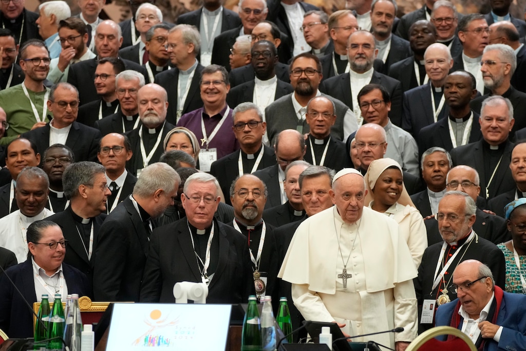 (Gregorio Borgia | AP) Pope Francis poses for a picture with the participants of the Synod of Synodality at the Vatican Monday, Oct. 23, 2023. The historic gathering has concluded with a summary that avoided a number of hot-button topics.