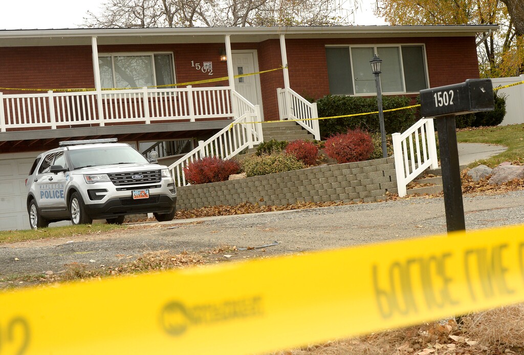 (Al Hartmann  |  The Salt Lake Tribune) 	Home at 1502 N. SR 89 in Mapleton is blocked off by police tape where a  family of four was found shot to death.  Police are investigating it as a suspected case of murder-suicide.