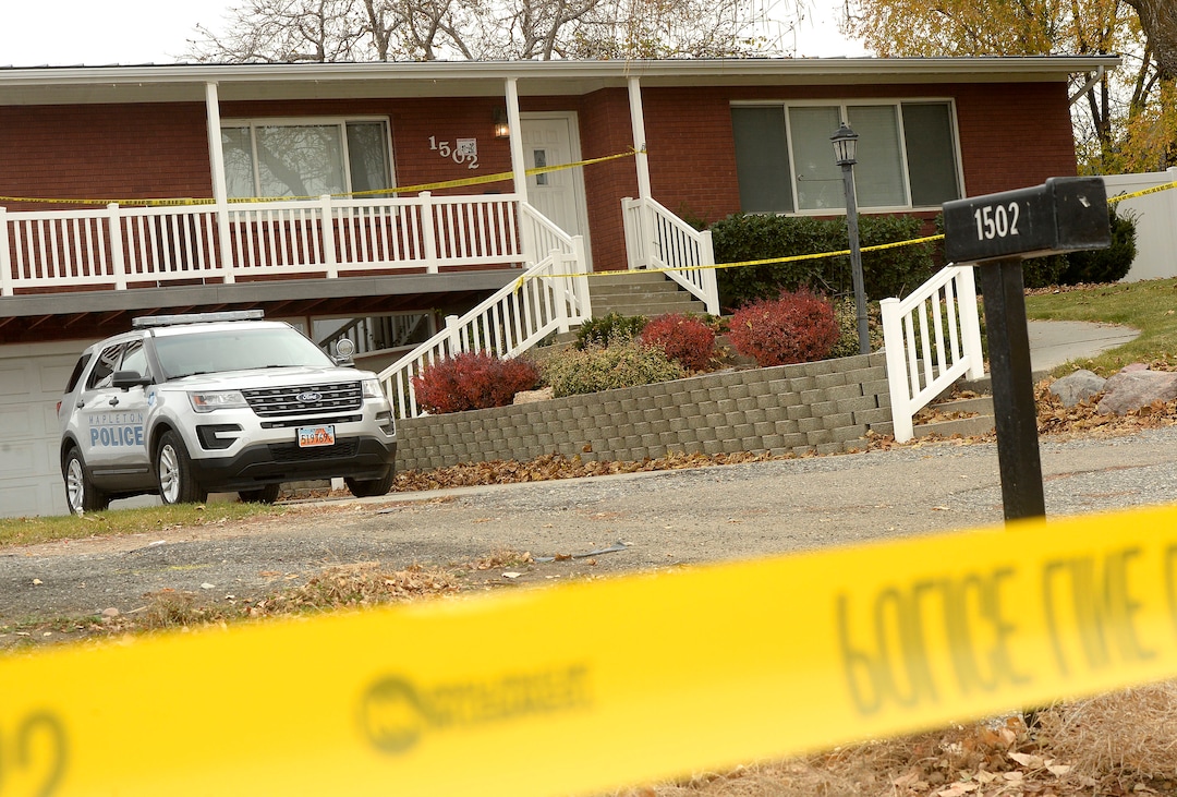 (Al Hartmann  |  The Salt Lake Tribune) 	Home at 1502 N. SR 89 in Mapleton is blocked off by police tape where a  family of four was found shot to death.  Police are investigating it as a suspected case of murder-suicide.