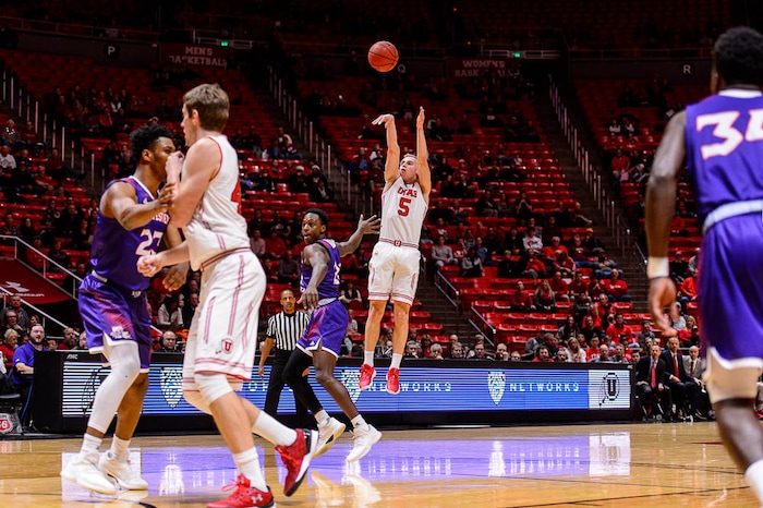 (Trent Nelson | The Salt Lake Tribune)  Utah Utes guard Parker Van Dyke (5) hits a three-pointer as the University of Utah hosts Northwestern State, NCAA basketball in Salt Lake City, Wednesday December 20, 2017.