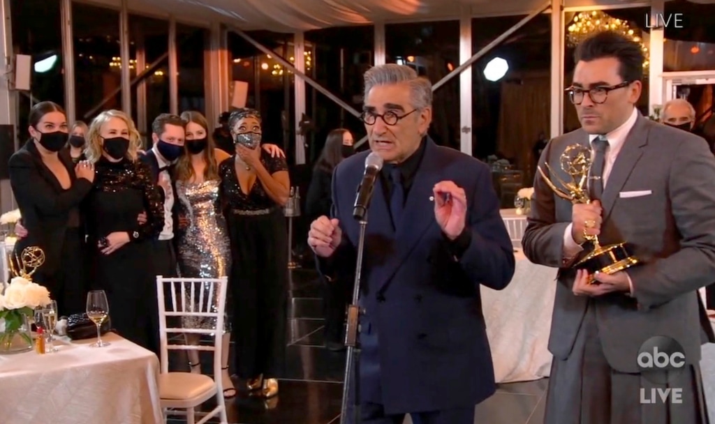 (The Television Academy and ABC Entertainment via AP) In this video grab captured on Sunday, Sept. 20, 2020, Annie Murphy, left, Catherine O'Hara, Noah Reid, Sarah Levy, Karen Robinson, Eugene Levy and Daniel Levy accept the award for outstanding comedy series for "Schitt's Creek" during the 72nd Emmy Awards broadcast.