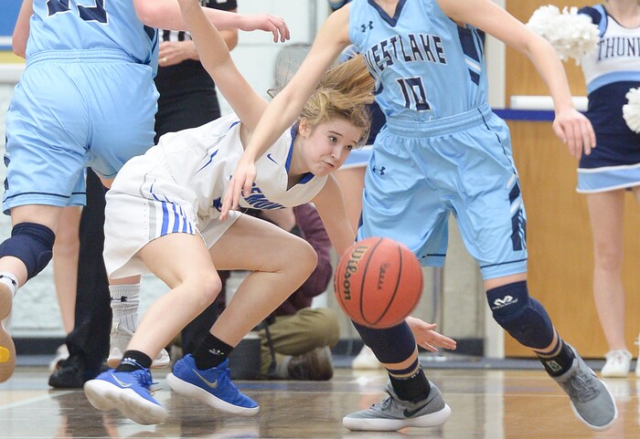 (Leah Hogsten  |  The Salt Lake Tribune) Fremont's Henessa Higley (03) hits the deck.  Fremont faces Westlake in their semifinal game of the 6A High School Girls' Basketball Tournament at SLCC in Taylorsville, Friday, Feb. 23, 2018. 