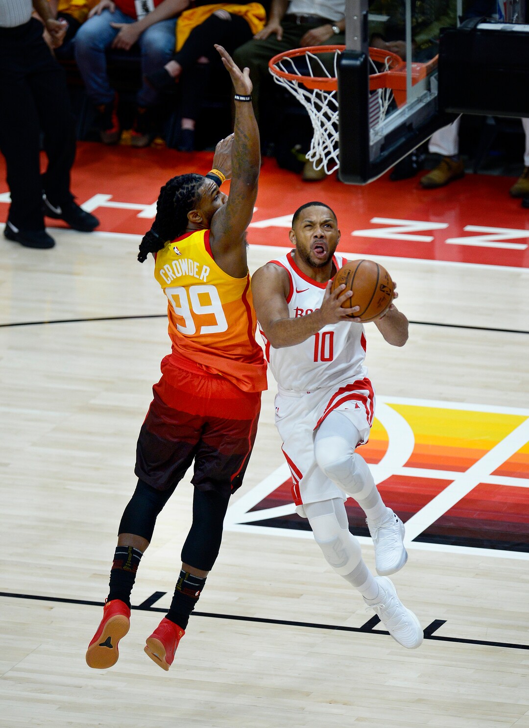 (Scott Sommerdorf | The Salt Lake Tribune)Utah Jazz forward Jae Crowder (99) defends Houston Rockets guard Eric Gordon (10) during first half play. The Houston Rockets led the Utah Jazz 70-40 at the half of game 3, Friday, May 4, 2018.