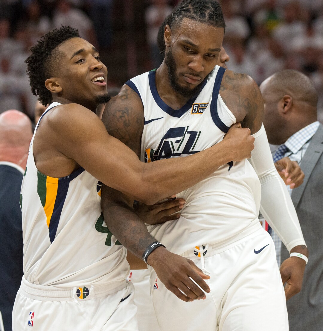 (Rick Egan  |  The Salt Lake Tribune)     Donovan Mitchell (45) drags Utah Jazz forward Jae Crowder (99) out of a shoving match, in NBA action in game 4, NBA playoff action between Utah Jazz and Oklahoma City Thunder, in Salt Lake City, Monday April 23, 2018.