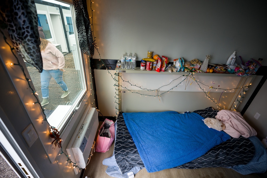 (Trent Nelson  |  The Salt Lake Tribune) The interior of a unit at Salt Lake City’s first legal homeless camp on Tuesday, Dec. 19, 2023.