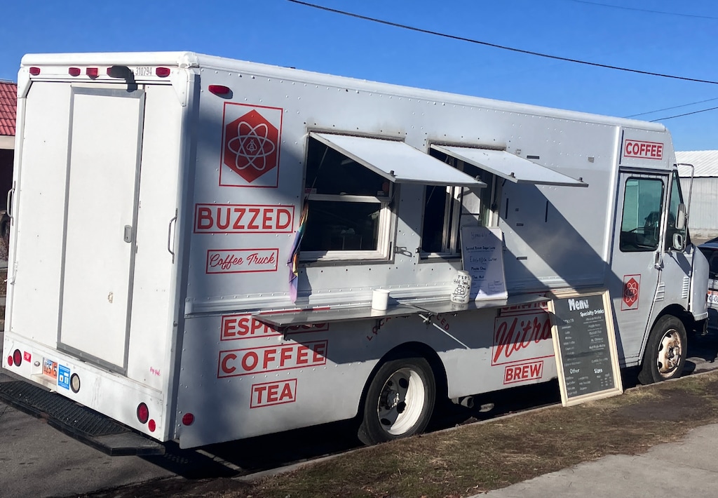 (Sean P. Means  |  The Salt Lake Tribune) Buzzed Coffee's truck, Bumble, parked in its customary spot in Salt Lake City's Rose Park neighborhood on Dec. 31, 2024. Buzzed Coffee is preparing to open its first brick-and-mortar location, in The Aster apartment complex at 265 S. State in downtown Salt Lake City, in spring 2025.