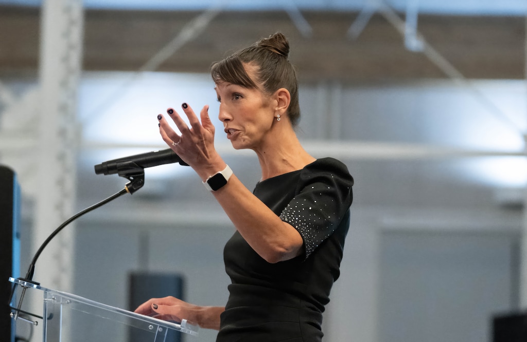 (Francisco Kjolseth | The Salt Lake Tribune) Lauren Gustus, executive editor and CEO, The Salt Lake Tribune, speaks at NewsMakers 2025, The Salt Lake Tribune's annual fundraising dinner, held Thursday, Nov. 20, 2025, at the Utah State Fairpark in Salt Lake City.
