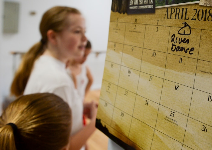 (Leah Hogsten | The Salt Lake Tribune) Celtic Beat Irish Dancers from La Rae's Dance Unlimited in Layton learn new Irish dance steps, Wednesday, April 4, 2018, from Louise O'Sullivan and Ellen Bonner, cast members and dance captains from the Broadway touring show "Riverdance," playing at the Eccles Theater in Salt Lake City on April 3-8.