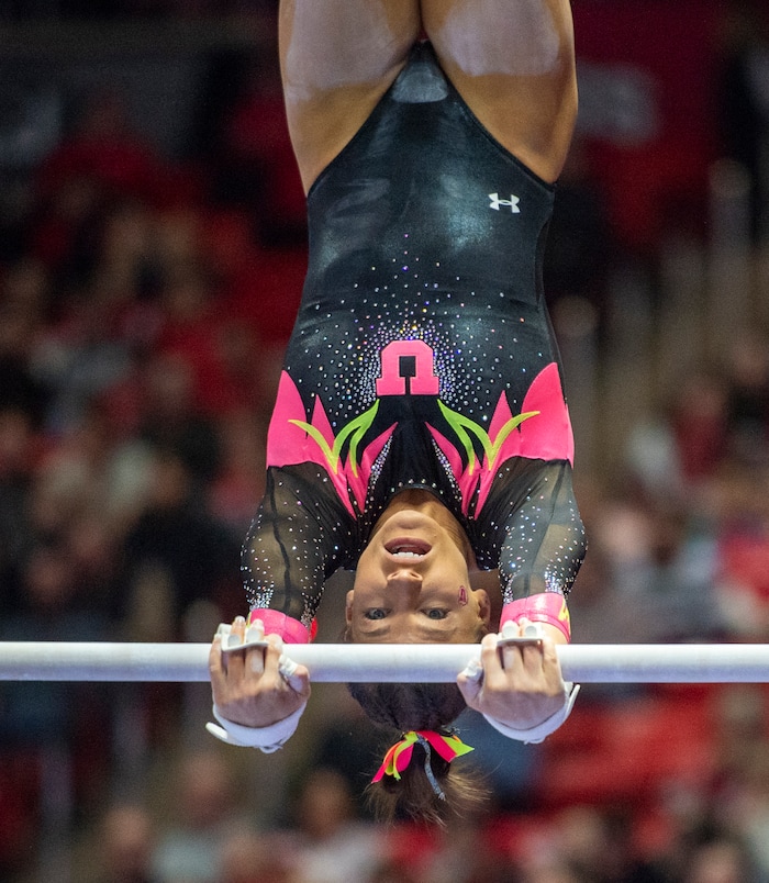 (Rick Egan  |  The Salt Lake Tribune)  Missy Reinstadtler competes on the uneven bars, in PAC-12 Gymnastics action between the Utes and The California Golden Bears, in the Jon M. Huntsman Center, in Salt Lake City, Saturday, Feb. 9, 2019. 