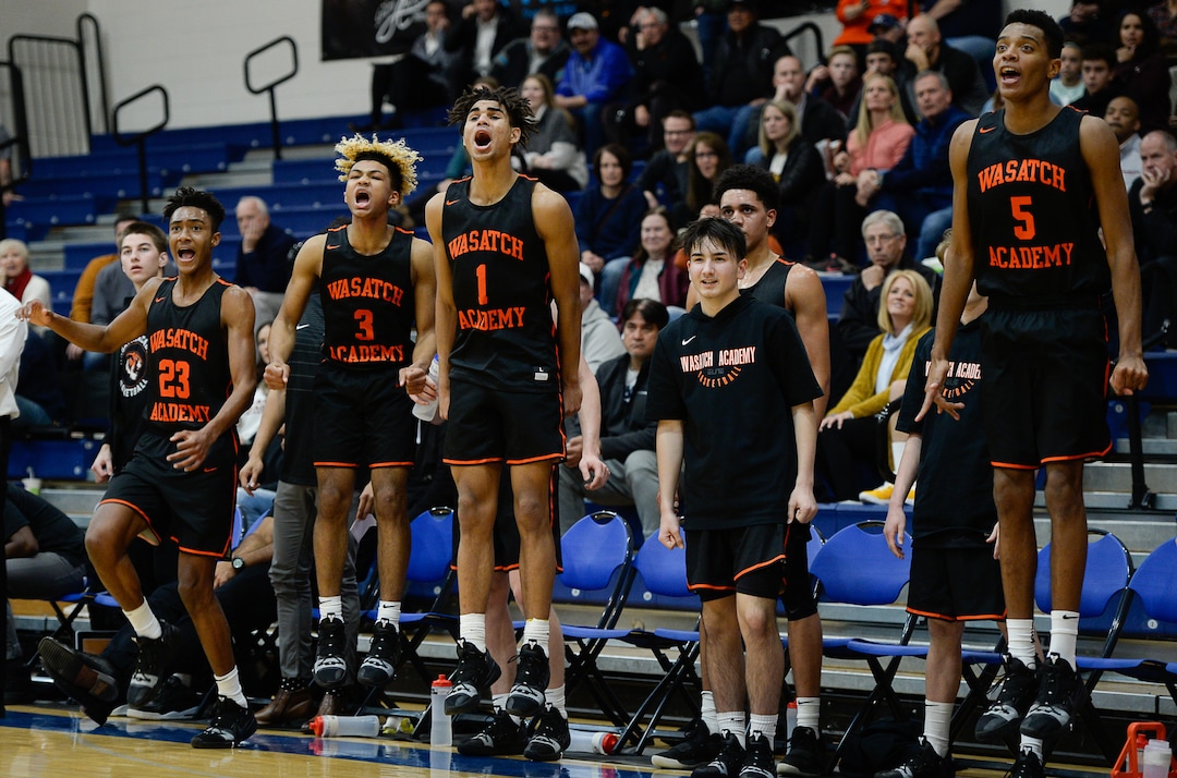 (Francisco Kjolseth  |  The Salt Lake Tribune)  The Wasatch Academy bench erupts as teammates score in the final minutes of their tournament game against South County High recently. The team is ranked No. 2 by MaxPreps. 