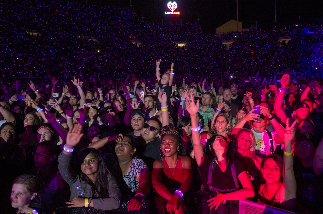 (Rick Egan  |  The Salt Lake Tribune)     The crowd reacts as Image Dragons play the Loveloud Festival at Rice-Eccles Stadium, Saturday, July 28, 2018.