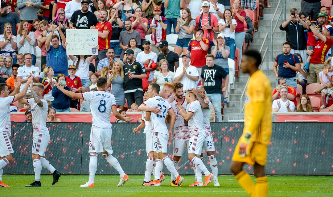 (Leah Hogsten  |  The Salt Lake Tribune) Real Salt Lake forward Jefferson Savarino (7) celebrates his first half goal with the team. Real Salt Lake hosts Philadelphia Union in MLS Soccer at Rio Tinto Stadium in Sandy, Utah on Sat, July 13, 2019.
