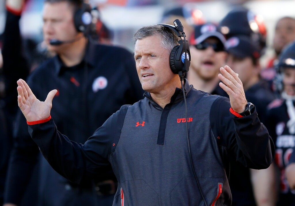 Utah head coach Kyle Whittingham looks on in the first quarter during an NCAA college football game against Oregon State, Saturday, Oct. 31, 2015, in Salt Lake City. (AP Photo/Rick Bowmer)