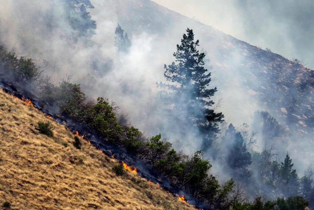 (Rick Egan | The Salt Lake Tribune)  The Bear Fire burns in the mountains northwest of Helper on Wednesday, June 9, 2021.