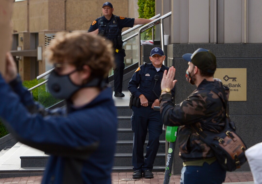 (Leah Hogsten  |  The Salt Lake Tribune) Demonstrators marched from the Utah Capitol down State Street, stopping at every intersection for five minutes in honor of George Floyd, June 8, 2020.
