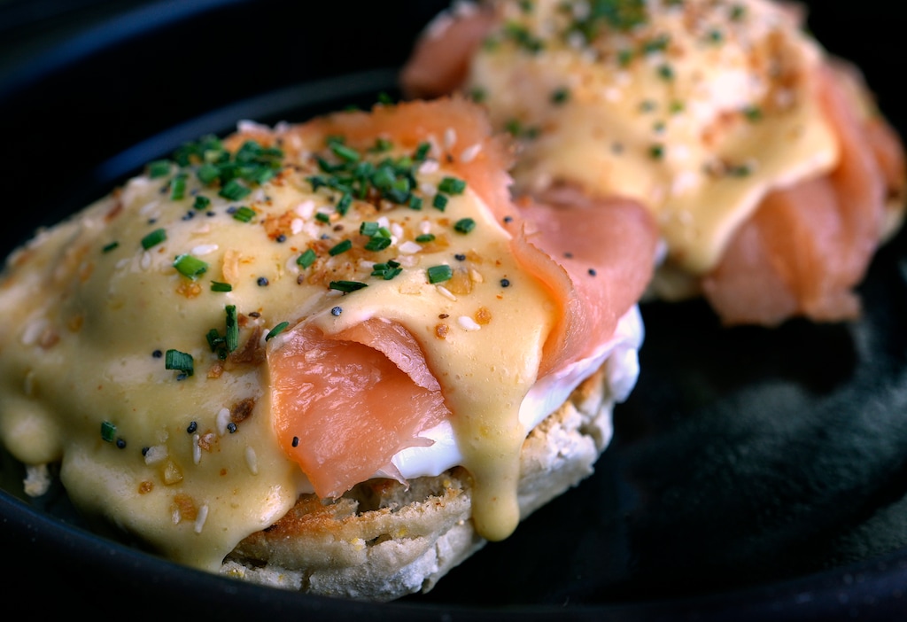 (Leah Hogsten | The Salt Lake Tribune)  The smoked salmon Benedict made with English muffins, poached eggs, hollandaise sauce, everything spice and hash browns for $17 at Copper Commons, April 15, 2023.