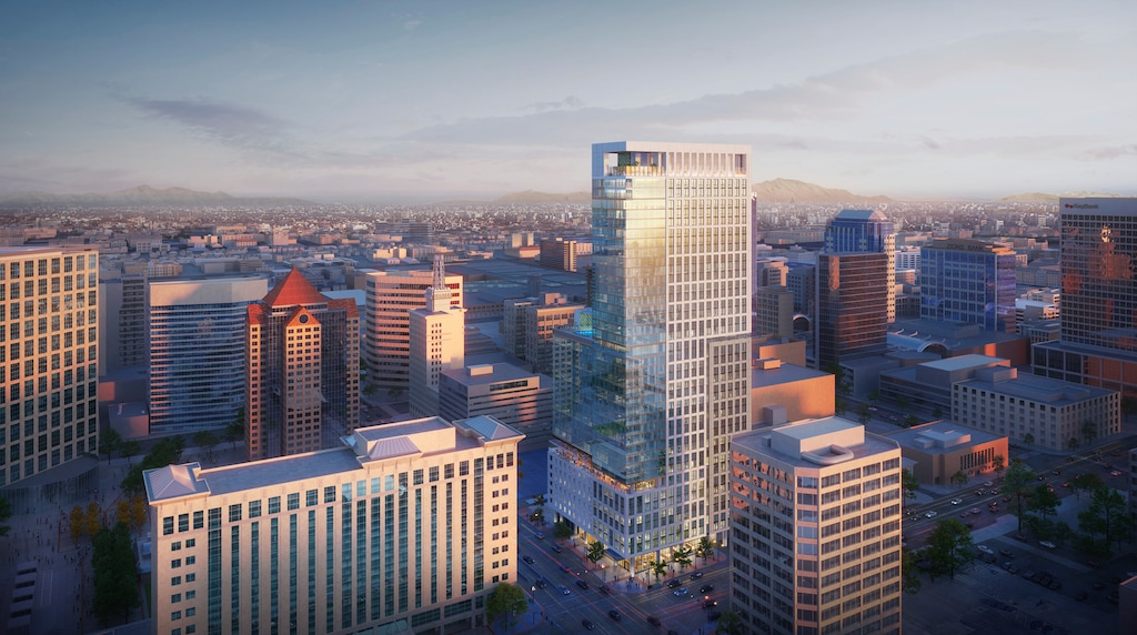 (Rendering courtesy of Kensington Investment Company, via Jacobsen Construction) A rendered view of Salt Lake City's future skyline with the addition of Astra Tower, a new 372-unit luxury apartment complex being built at 200 S. State Street that will be Utah's tallest building, when it's completed in fall of 2024.