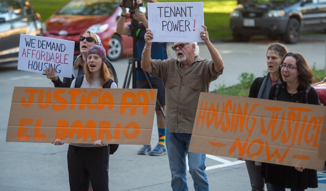 (Rick Egan  |  The Salt Lake Tribune)       Homeless people gather outside the City County building for a demonstration before the city council meeting, Tuesday, April 23, 2019.