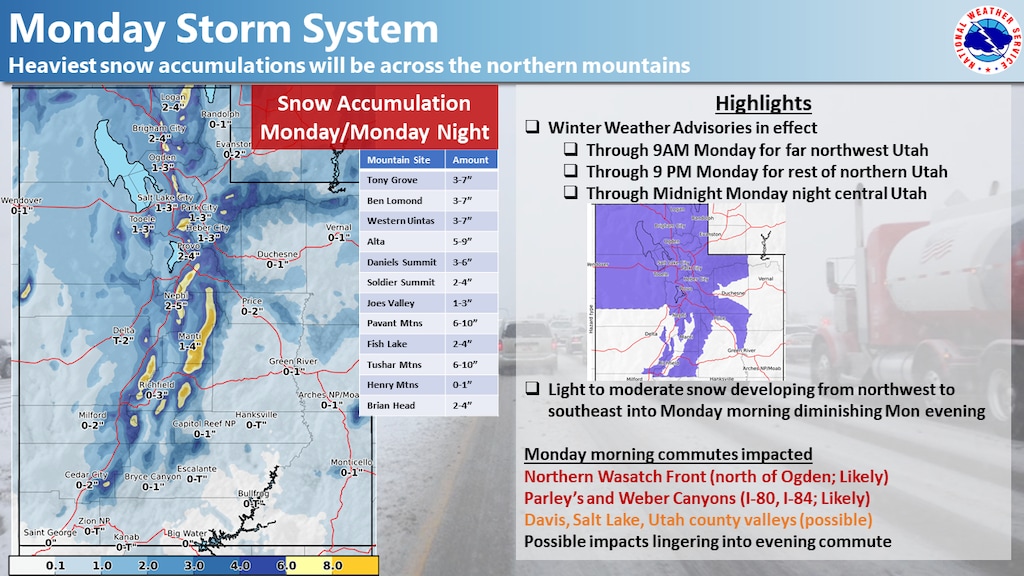(Courtesy of the National Weather Service) Snow is expected to continue in northern Utah on Monday.