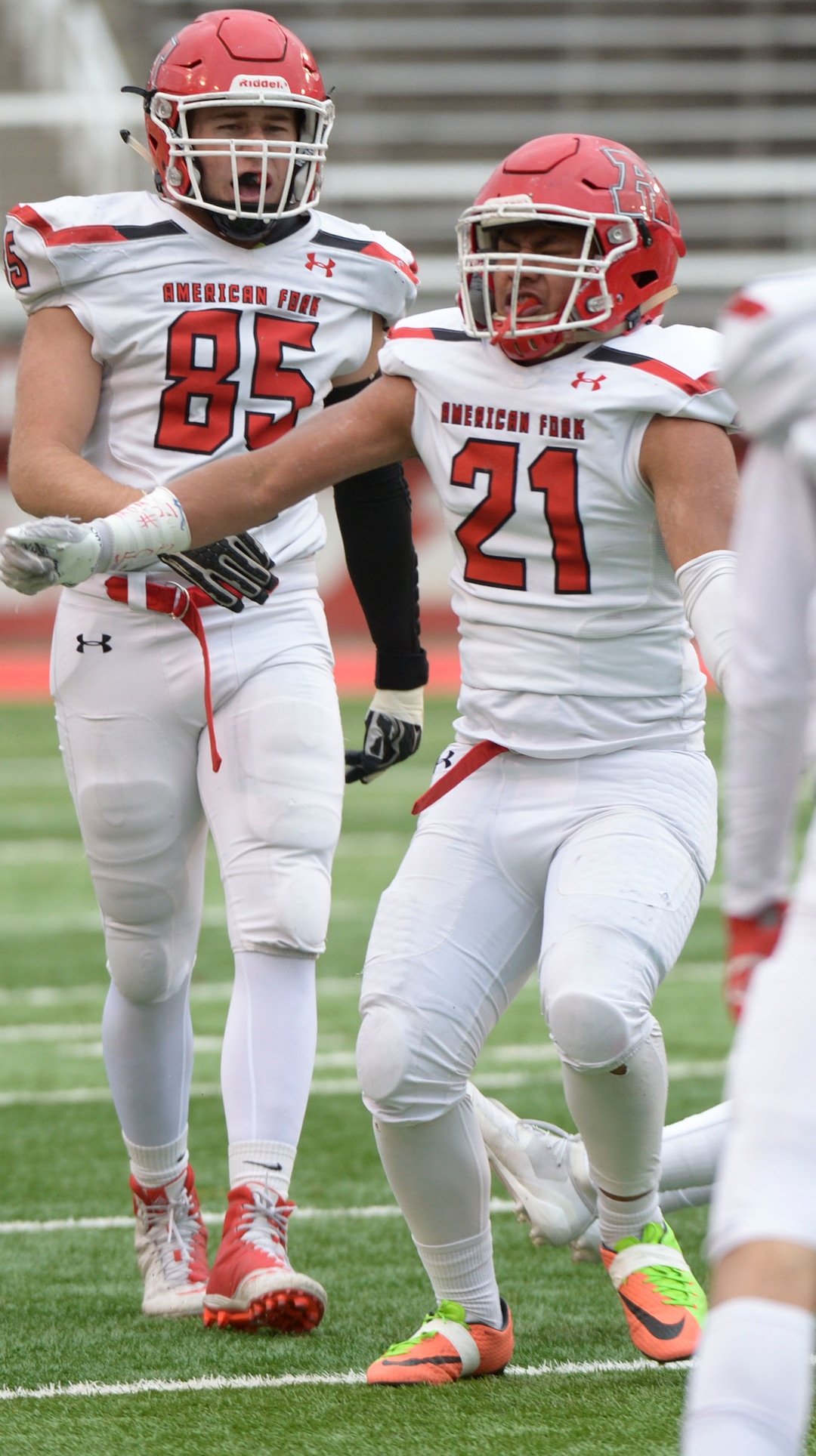 (Leah Hogsten  |  The Salt Lake Tribune) Amerian ForkÕs Watts Lewis celebrates a sack Corner Canyon High School takes on American Fork High School during the 6A State Championship football title, Nov. 22, 2019 at Rice-Eccles Stadium.