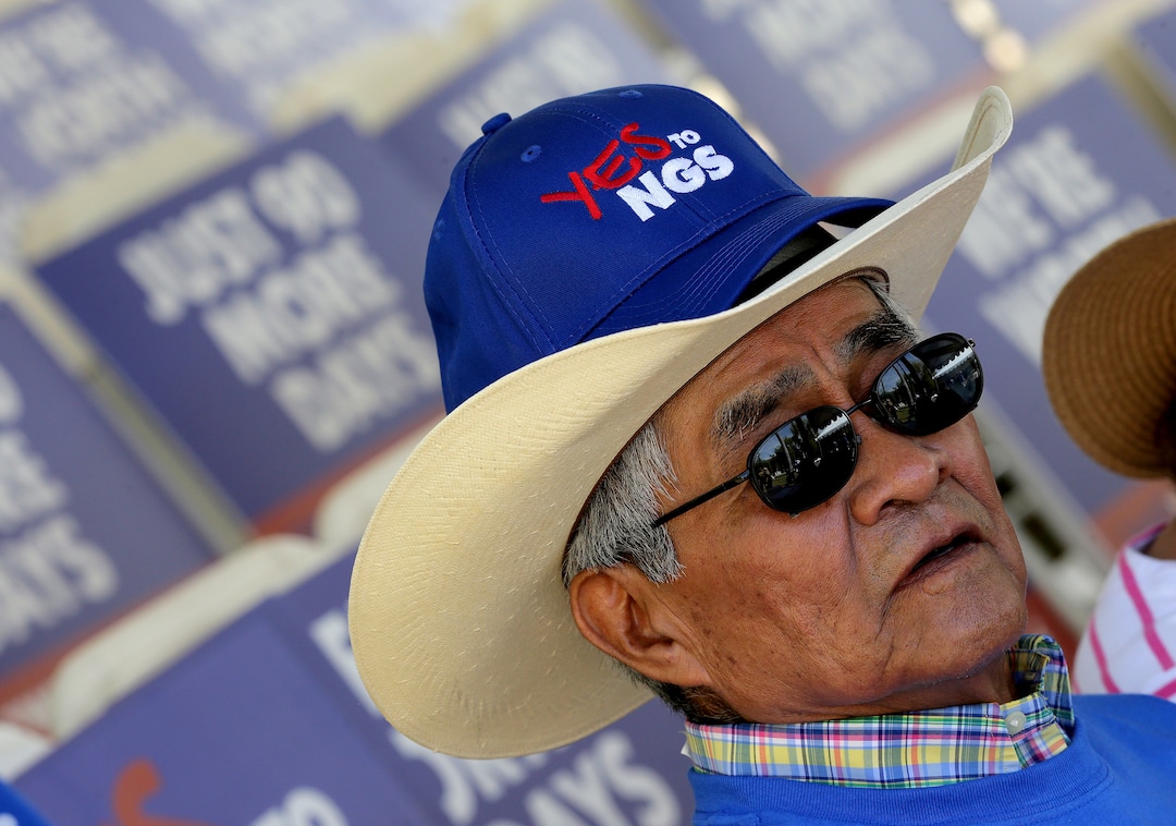 Bill Bradley rallies outside the Capitol in Phoenix, Wednesday, June 6, 2018. Hundreds of Navajo Generating Station employees, relatives and union and tribal leaders rallied at the state Capitol in Phoenix on Wednesday to request a 90-day pause in steps to close the coal-fueled plant by the end of 2019 as scheduled. (AP Photo/Matt York)